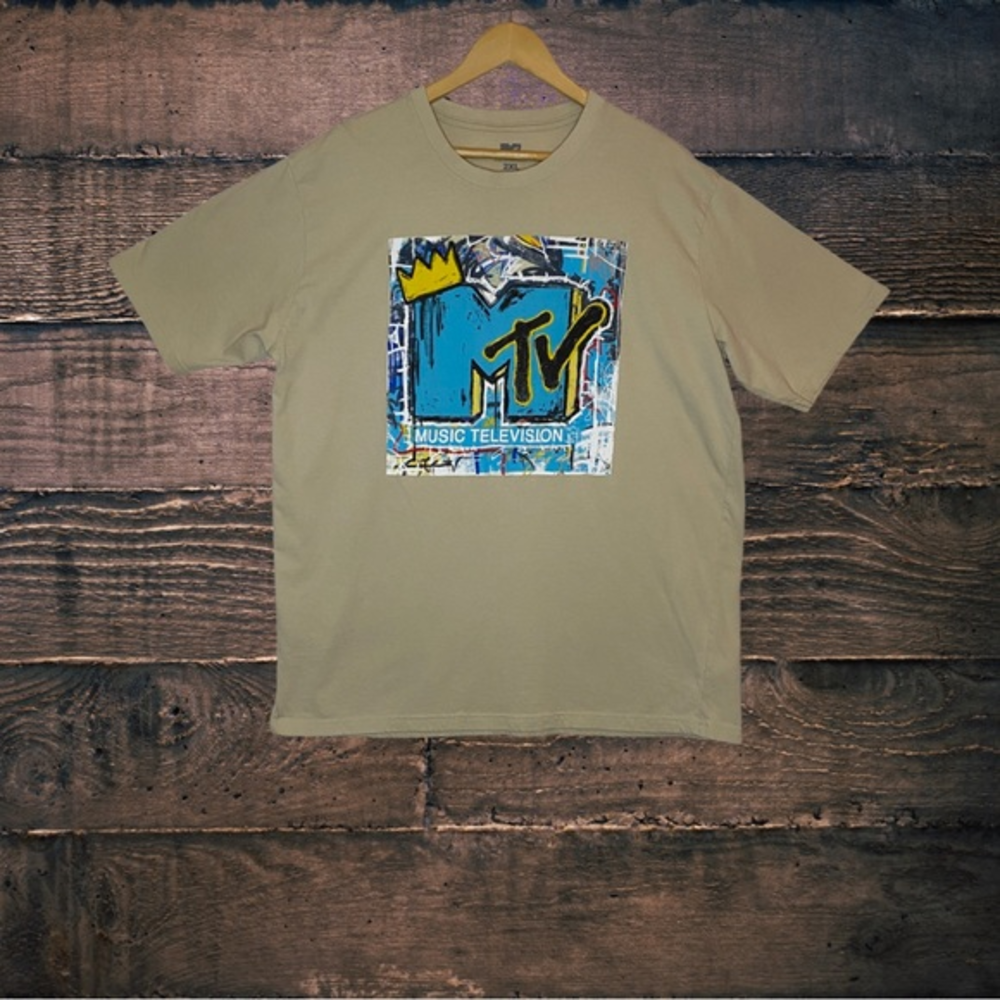 MTV Graffiti Logo Beige Short Sleeve Graphic T-Shirt Size 2XL